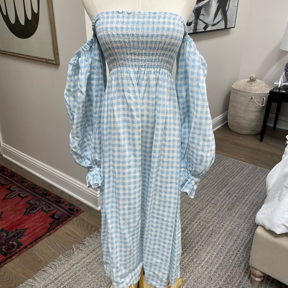 Sleeper Dresses & Skirts - SLEEPER Atlanta Blue Linen Gingham Plaid Smocked Dress, S (Worn Once)